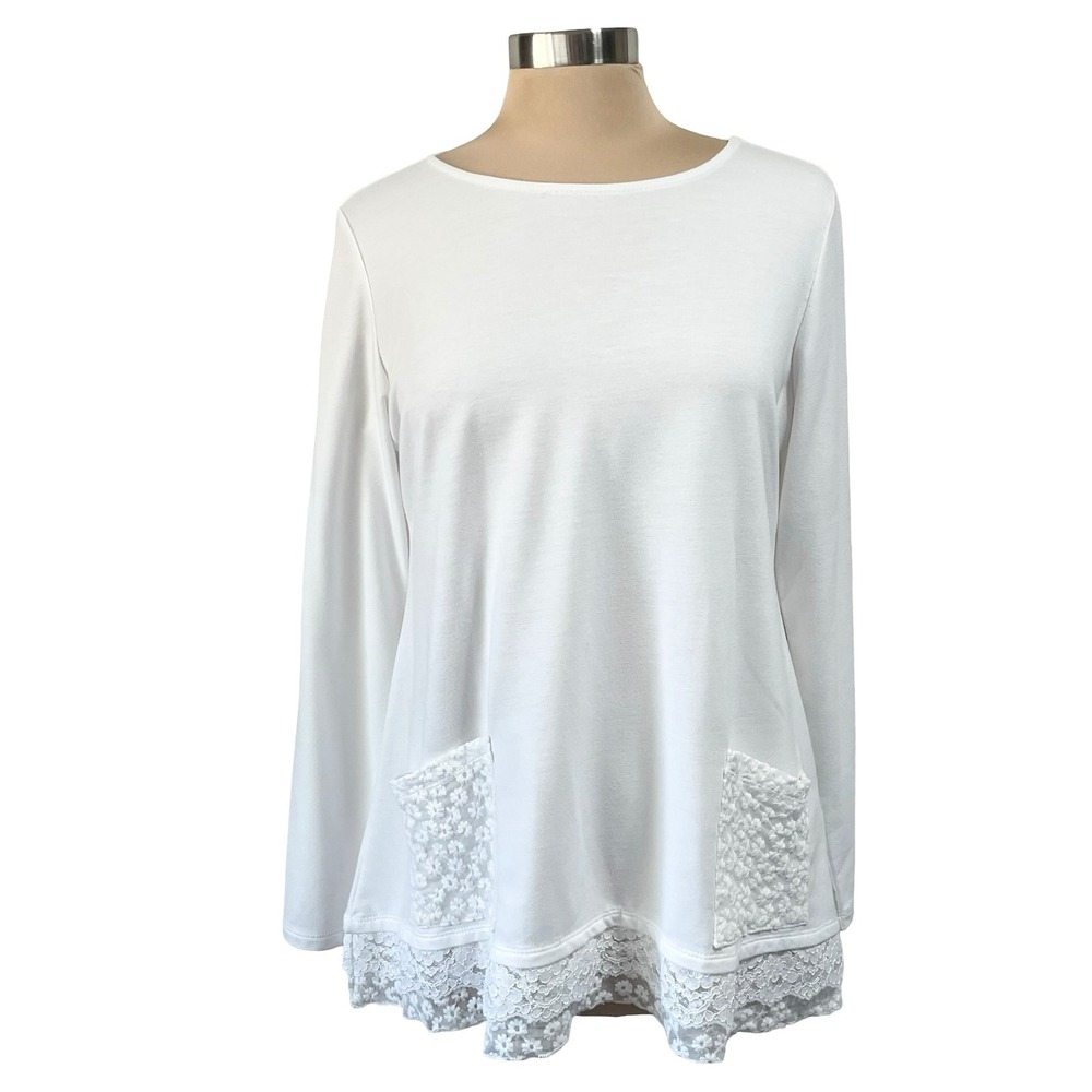 LOGO Lounge Lori Goldstein White Lace Trim Tunic Top Sz M Casual Relaxed Chic